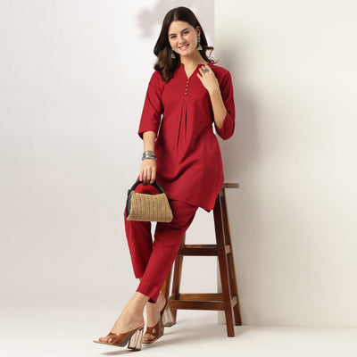 Red Solid A-line Co-ord Set