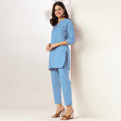 Light Blue Solid A-line Co-ord Set