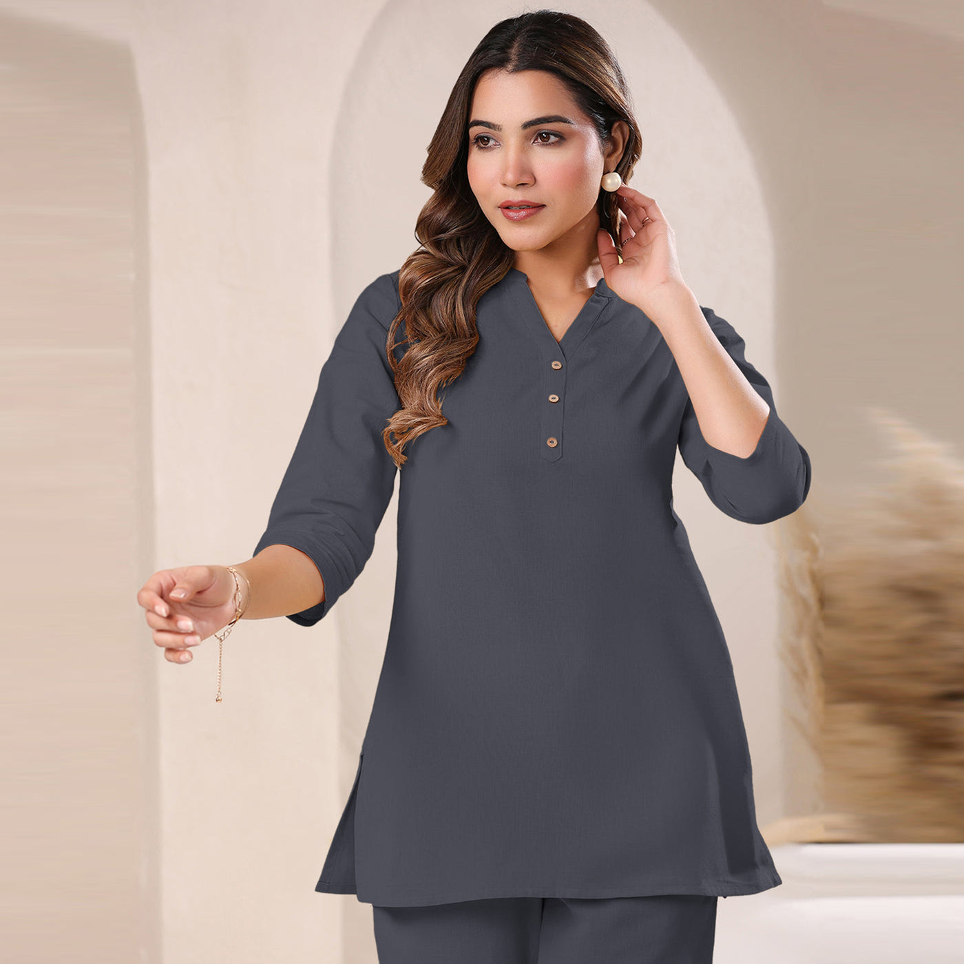 Grey Solid A-line Co-ord Set