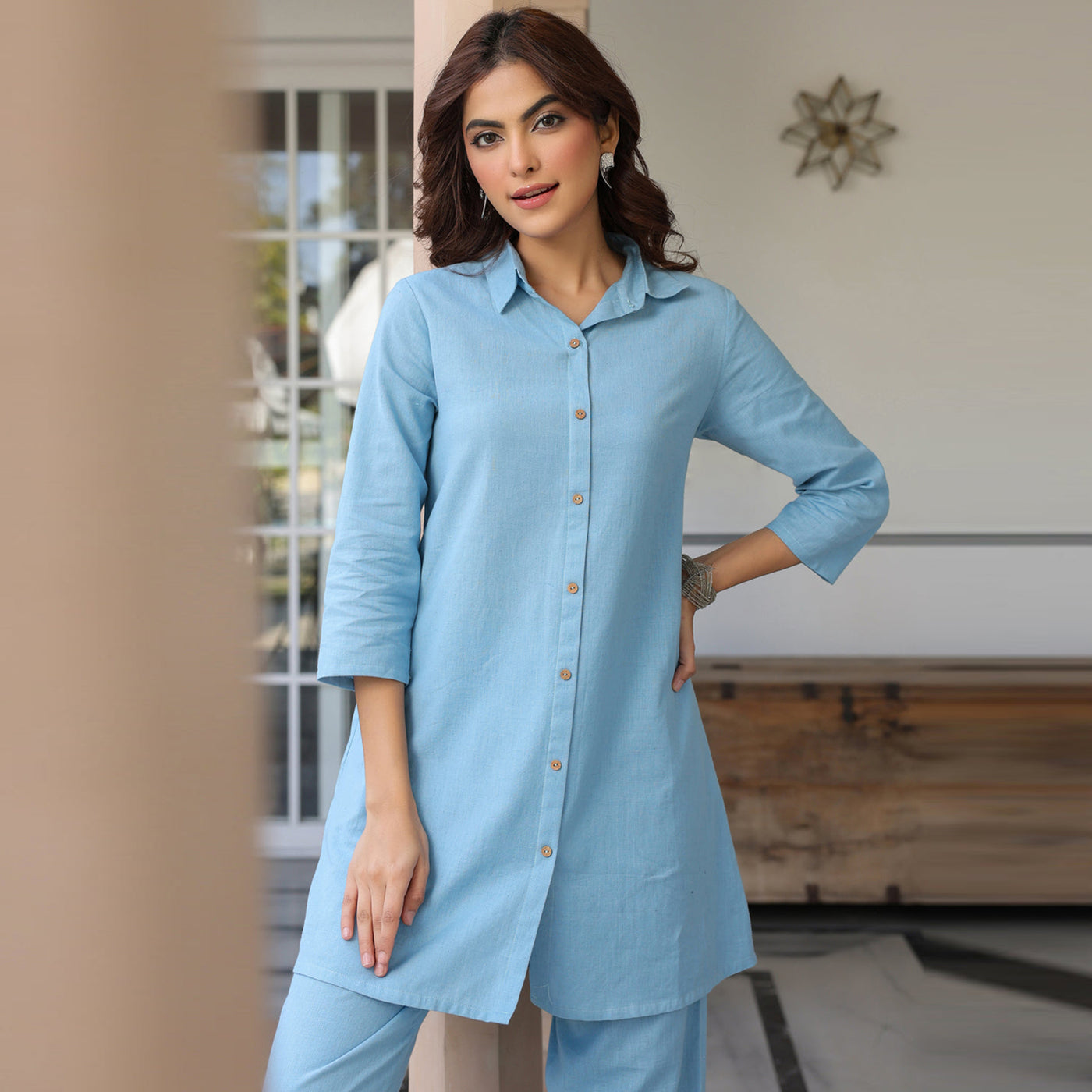 Sky Blue Solid A-line Co-ord Set