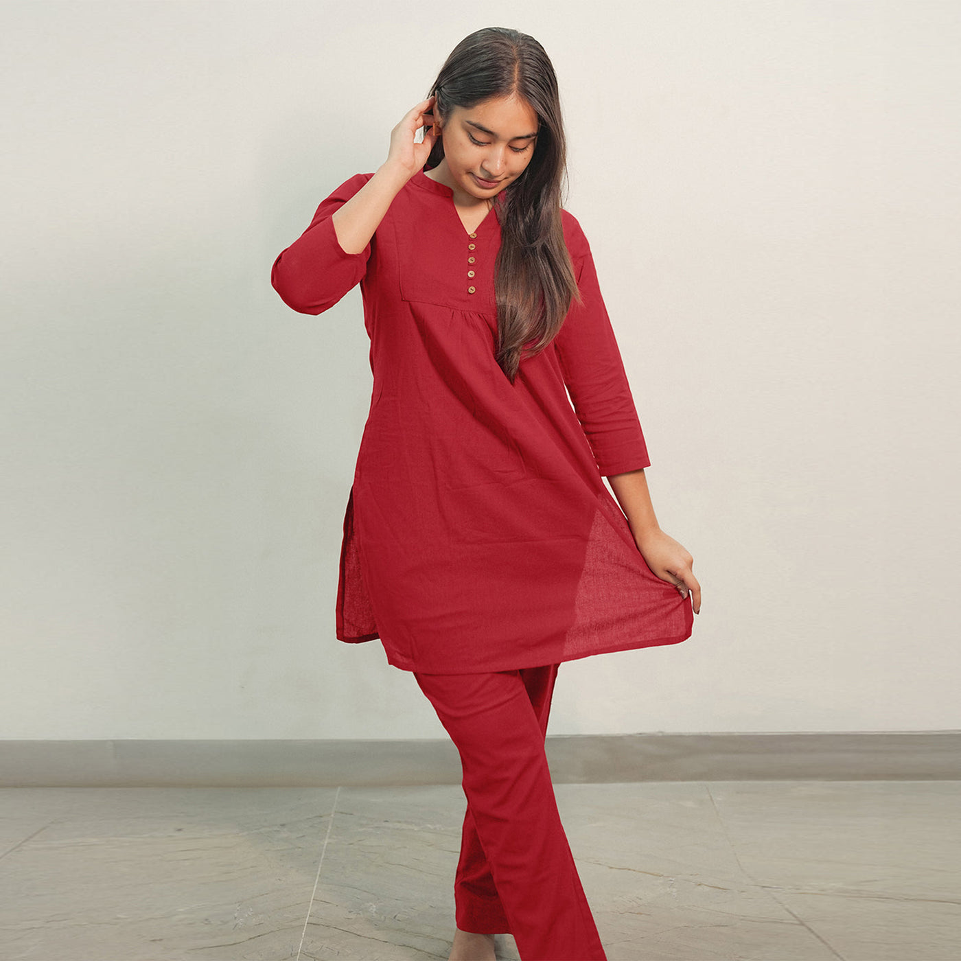 Red Solid A-line Co-ord Set