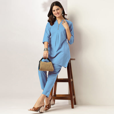 Light Blue Solid A-line Co-ord Set