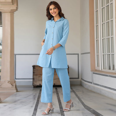Sky Blue Solid A-line Co-ord Set