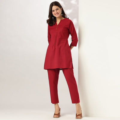Red Solid A-line Co-ord Set