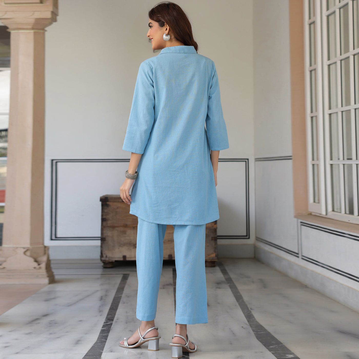 Sky Blue Solid A-line Co-ord Set