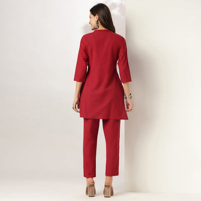 Red Solid A-line Co-ord Set