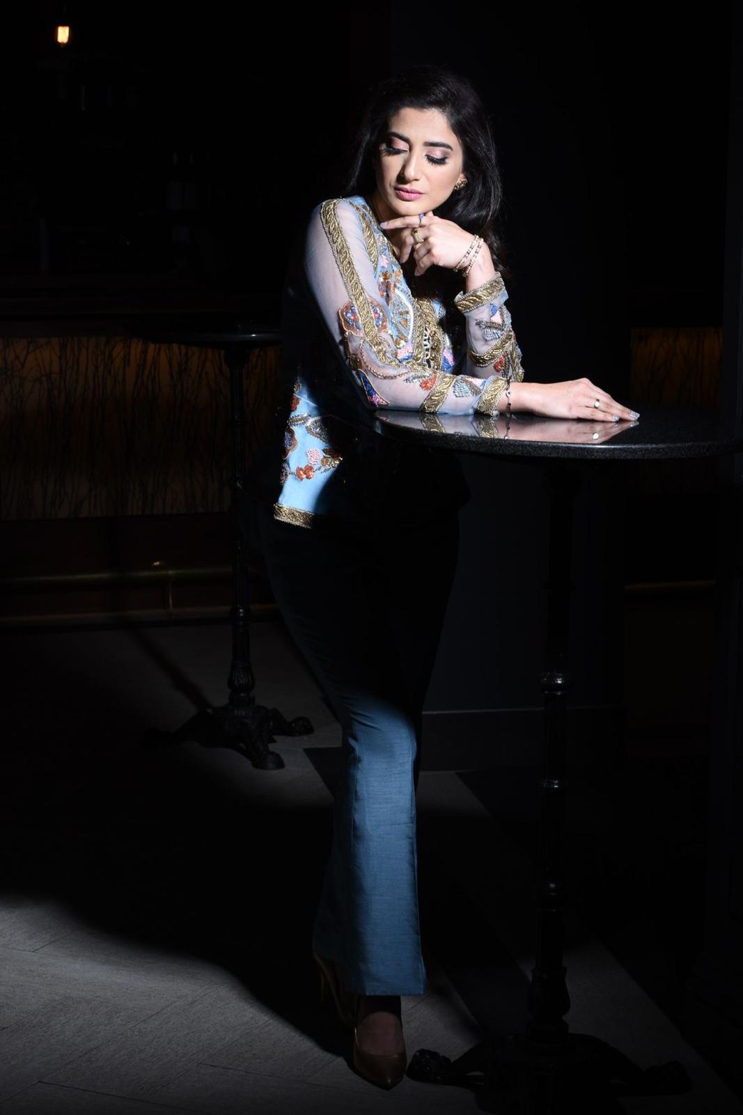 Blue jacket-style ensemble