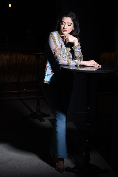 Blue jacket-style ensemble